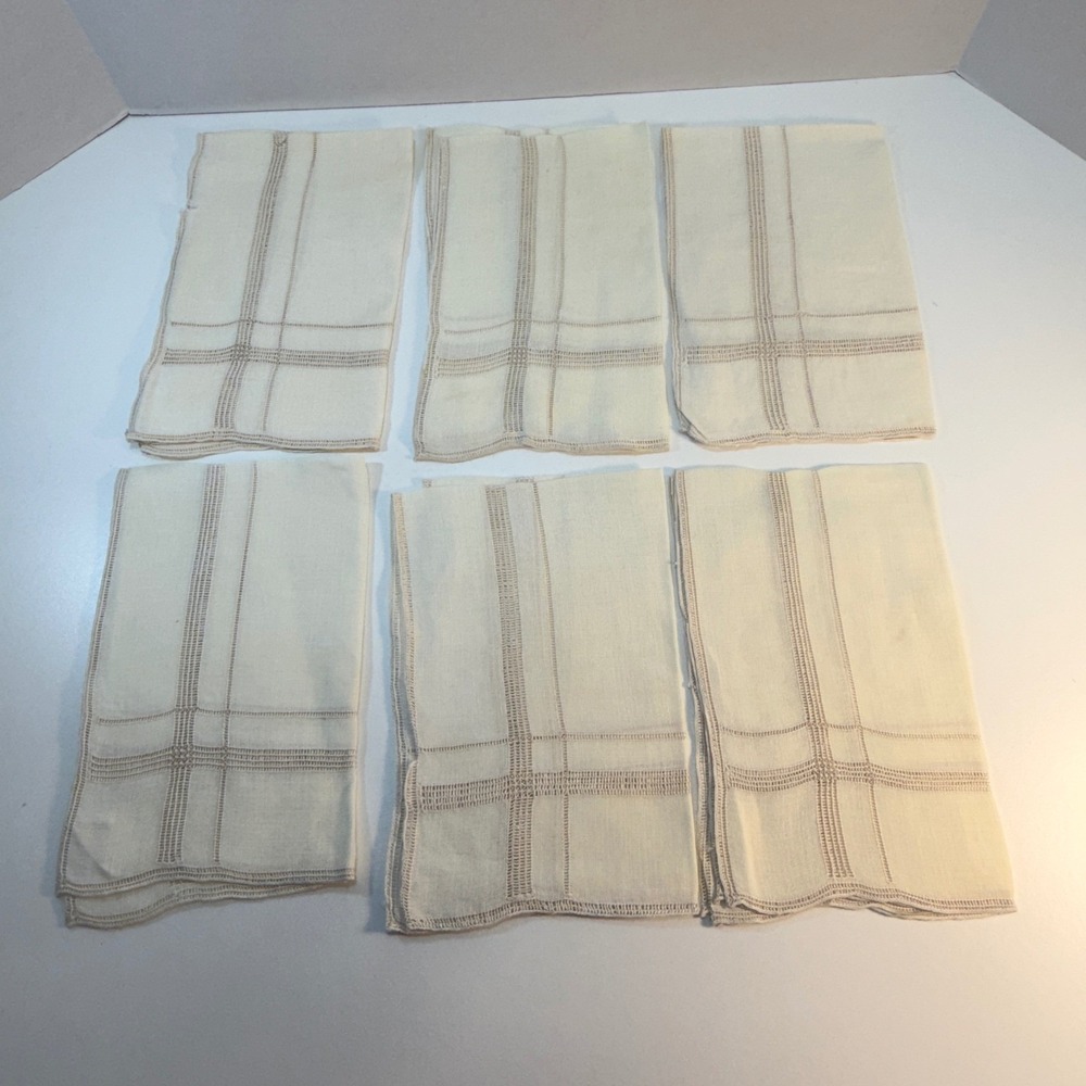 Vintage Cream Linen Napkins Set of 6 Scalloped Edge Ladder Stitch 16x10